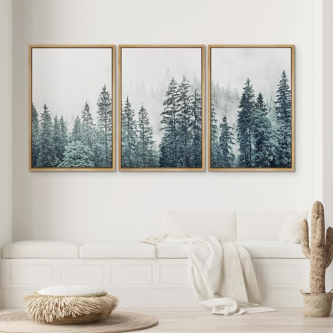 SIGNWIN Framed Canvas Print Wall Art Woodland Nursery Decor Set Film Grain Misty Mountain Pine Trees Nature Wilderness Modern Art Chic Landscape for Living Room, Bedroom, Office - 16"x24"x3 Natural