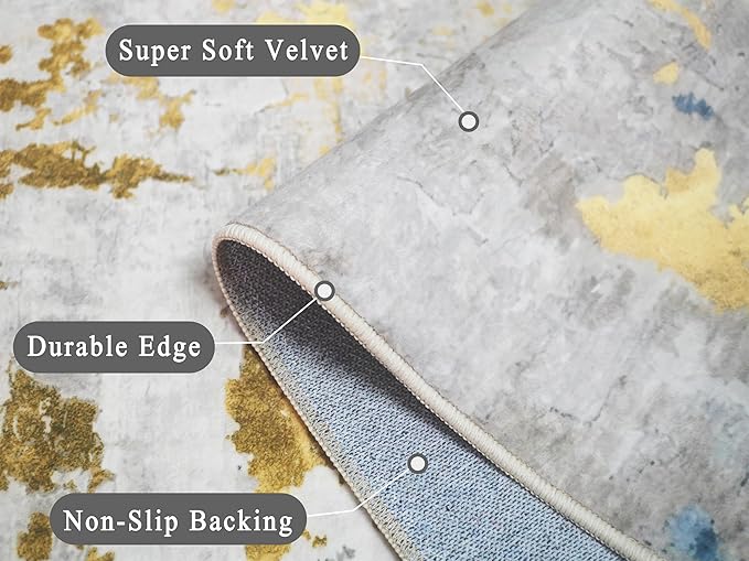 vivorug Washable Rug, Ultra Soft Area Rug 8x10, Non Slip Abstract Rug Carpet, Stain Resistant Rugs for Living Room Bedroom, Modern Fluffy Rug (Grey/Mustard, 8'x10')