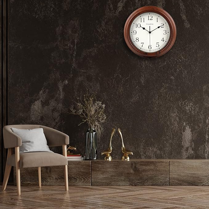 Wall Clock, Wood Grain Vintage Retro Decorative Battery Operated Waterproof Wall Clocks for Kitchen Bathroom Living Room Home Decor,12 Inch Brown