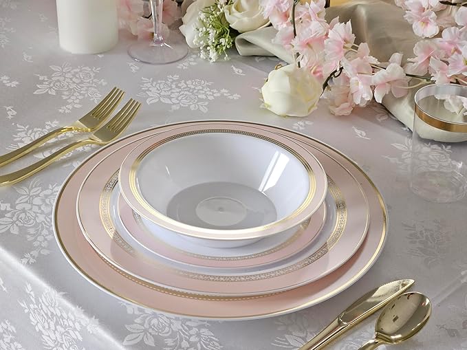 " OCCASIONS " 240 Plates Pack,(120 Guests) Heavyweight Premium Disposable Plastic Plates Set -120 x 10.5'' Dinner + 120 x 7.5'' Salad/Dessert (Ritz Blush and Gold)