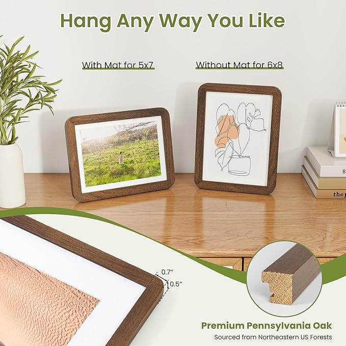 6x8 Round Corner Picture Frame, Solid Oak Wood Frame With Mat For 5x7 And Plexiglass, Includes Hanging Hardware For Wall Or Tabletop Photo Frame, Walnut, 1 Pack