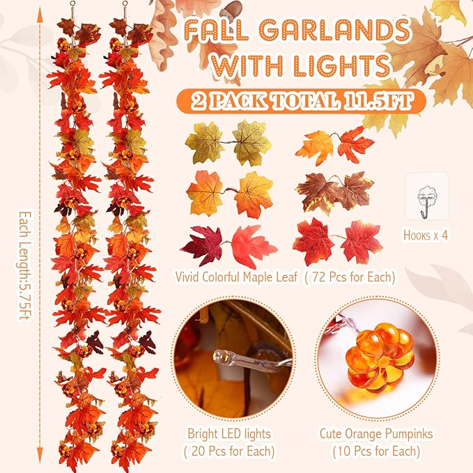 VIHOSE 2 Pack Thanksgiving Maple Leaves Garland Fall Decor 11.5 ft 40 LED with Pumpkin Lights Battery Operated and Timer Remote for Home Thanksgiving Halloween Decor(Colorful)