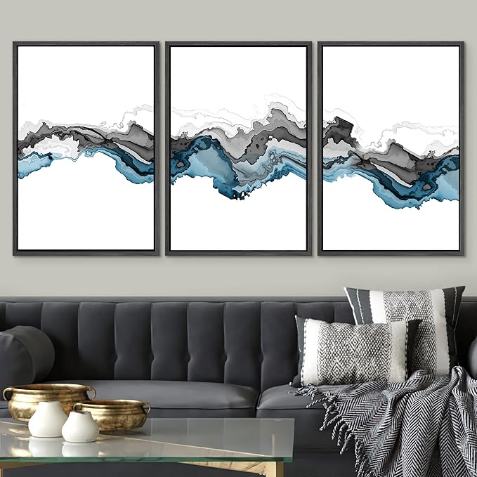 SIGNWIN Framed Canvas Print Wall Art Set Black Blue Smoke Wave Landscape Abstract Shapes Illustrations Modern Art Decorative Contemporary Colorful for Living Room, Bedroom, Office - 24"x36"x3 Black
