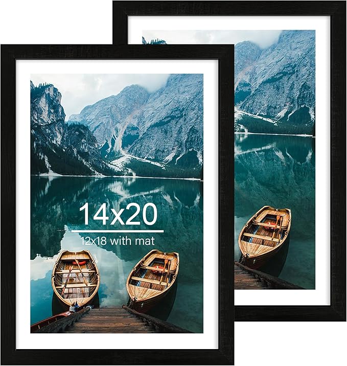 14x20 Picture Frame Set of 2, Rustic Black Wood Style - Display 14 x 20 Picture without Mat or 12x18 Picture with Mat, Wall Mounting Horizontal and Vertical