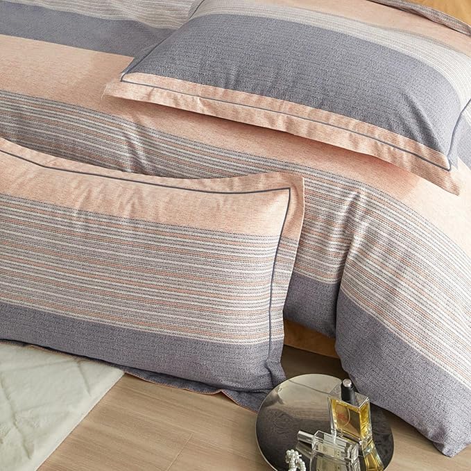 VM VOUGEMARKET Gray Stripes Duvet Cover Queen,100% Brushed Cotton Duvet Cover Matching 2 Pillow Shams,3 Pieces Burnt Orange Bedding Set Without Comforter-90x90 Inch