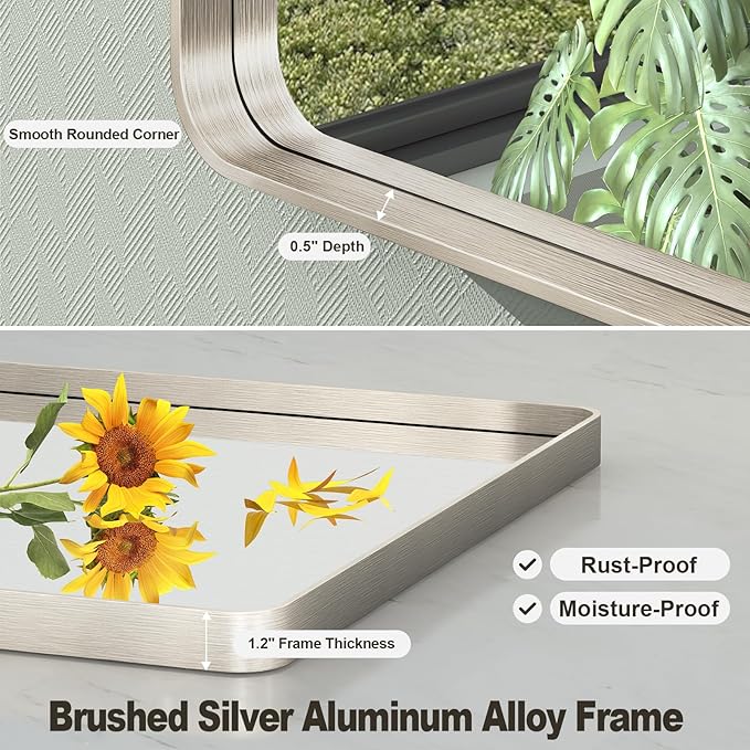 48x36 Inch Brushed Nickel Bathroom Mirror, Brushed Silver Metal Framed Wall Mirror, Rounded Corner Rectangle Modern Vanity Mirror, Tempered Glass, Anti-Rust, Shatterproof (Horizontal/Vertical)