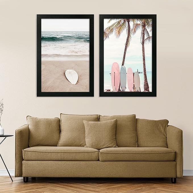 12x18 Frame Set of 2, Rustic Black Wood Style, Display 12 x 18 Poster without Mat or 8.5x11 Picture with Mat, Wall Mounting Horizontal and Vertical
