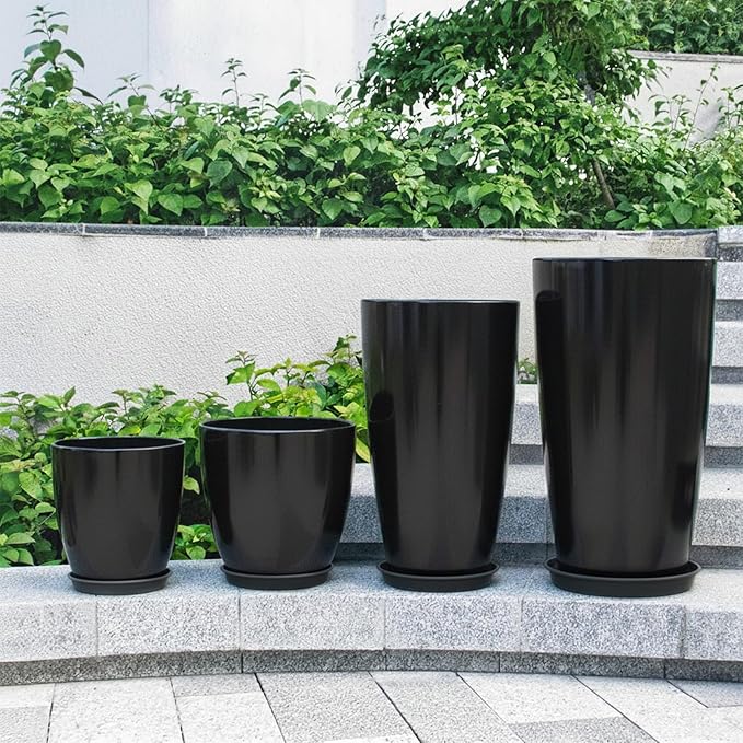 ZMTECH 24/21/12/10" H Large Plastic Planters with Drainage Hole and Saucer -Set of 4 Tall Plant Pots for Indoor & Outdoor Use,Black Glossy Smooth Lightweight Flower Pot for Front Porch Patio Deck