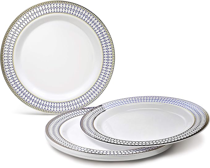 " OCCASIONS " 240 Plates Pack,(120 Guests) Heavyweight Premium Disposable Plastic Plates Set -120 x 10.5'' Dinner + 120 x 7.5'' Salad/Dessert (Odyssey in White/Blue and Gold Rim)