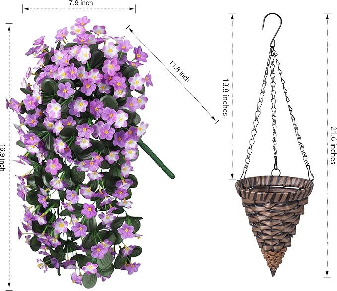 Artificial Faux Fall Hanging Flowers Plants Baskets for Outdoor Outside, Fake Silk Light Fuchsia and Fuchsia Orchid Trailing Vines in Planter Realistic UV Resistant for Balcony Porch Decor
