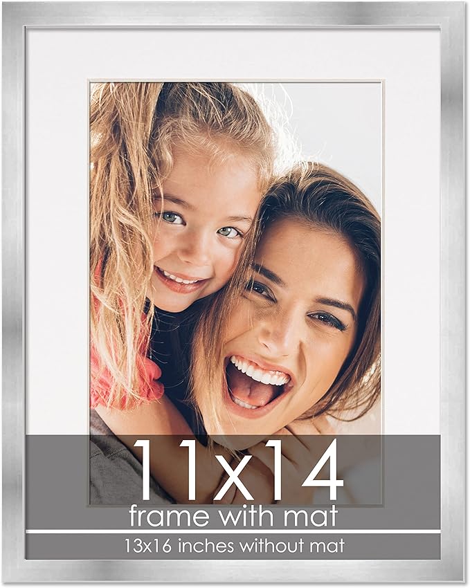 11x14 Frame with Mat - Silver 13x16 Frame Wood Made to Display Print or Poster Measuring 11 x 14 Inches with White Photo Mat