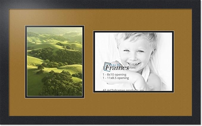 ArtToFrames Collage Photo Frame Double Mat with 1-8.5x11, 8x10 Openings with Satin Black Frame and El Dorado mat.