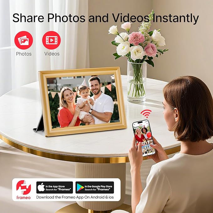 Frameo 10.1 Inch WiFi Digital Picture Frame, 1280x800 HD IPS Touch Screen Photo Frame Electronic, 32GB Storage, Auto-Rotate, Wall Mounted, Share Photos/Videos Instantly from Anywhere - Gold
