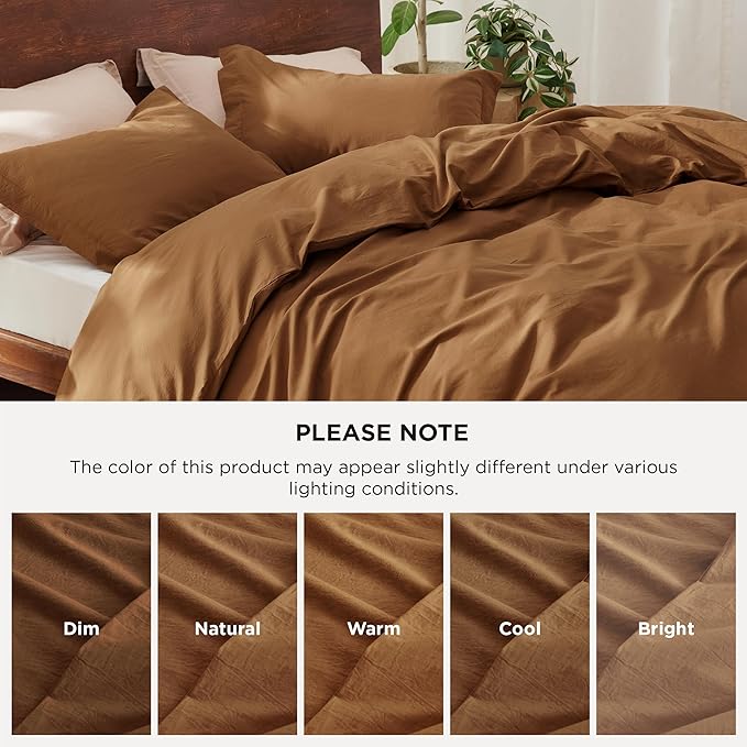 Bedsure 100% Washed Cotton Duvet Cover King Size - Brown Minimalist Cotton Duvet Cover Linen Like for All Seasons - GentleSoft™ Plain Simple Bedding, 3 Pieces (Brown, King, 104"x90")