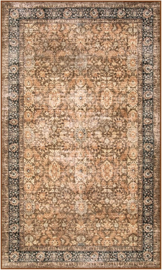 Morebes Vintage Machine Washable Area Rugs, Boho 3x5 Rug for Entryway, Soft Low-Pile Distressed Dorm Rug Indoor Floral Print Throw Carpet for Bedside Kitchen Foyer Playroom, Dark Brown