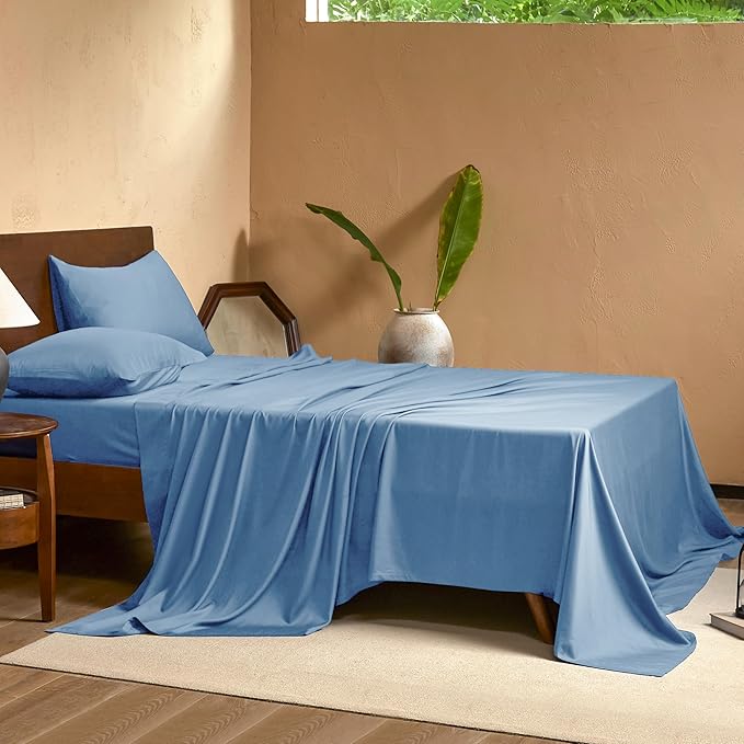 EVERLY Queen Sheets Set,Luxuriously 400 Thread Count Organic Viscose Derived from Bamboo Bed Sheet,Cooling Sheets for Queen Size 4 Piece Deep Pockets Bedding Sheets &Pillowcases-Sky Blue