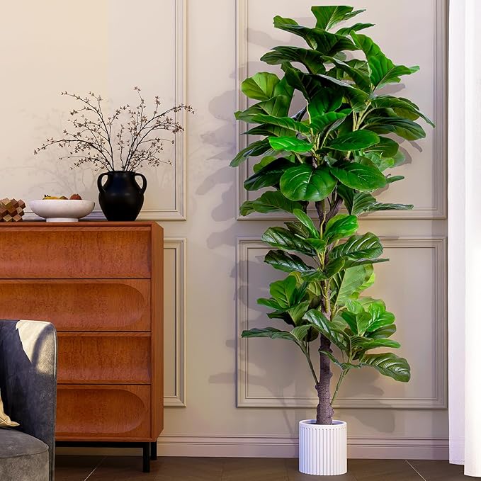 Artificial Fiddle Leaf Fig Tree Indoor, 5FT Tall Faux Tree with Natural Wood Trunk and Lifelike Leaves, Tall Artificial Plants Indoor, Fake Plants for Home, Office, Living Room Decor