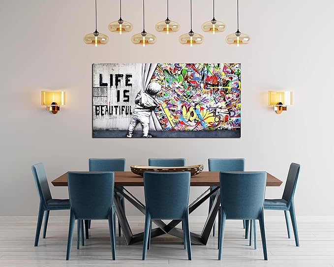JKWALL77 Colorful Banksy Wall-Art - Graffiti Canvas Wall Art - Large Wall Decor For Living Room Ready To Hang Size 59" x 29"
