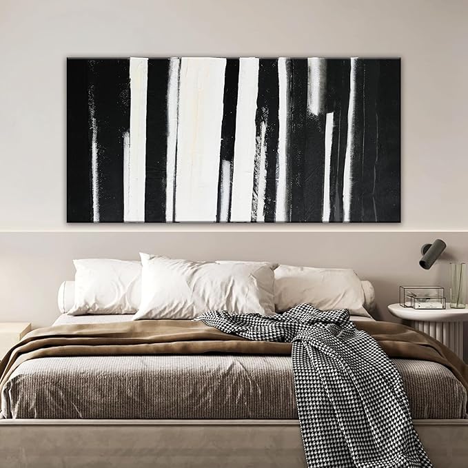 QSQ Abstract Wall Art Decor Modern paintings Wall Decor Wall Art Canvas Prints Black and White Minimalist Stripes Artwork for Living Room Wall Bedroom Kitchen Decor 24"×48"