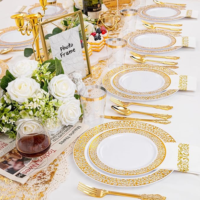 bUCLA 350PCS Gold Plastic Dinnerware Set for 50 Guests - Gold Plastic Plates Disposable for Party Include 50 Dinner / 50 Dessert Plates,50 Forks, 50 Knives, 50 Spoons,50 Cups,50 Napkins