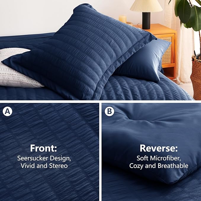 CozyLux Full Size Comforter Sets with Sheets Seersucker 7 Pieces Navy Blue Bed in a Bag Textured Luxury Soft Bedding Set with Down Alternative Comforter, Sheets, Pillowcases & Shams for All Seasons