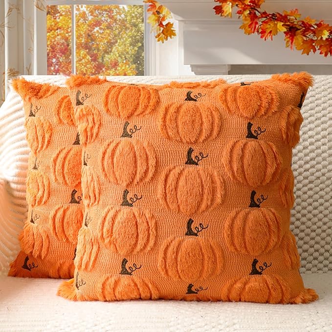 4TH Emotion Fall Pumpkin Decorative Pillow Covers 20x20 Set of 2, Orange Soft Plush Faux Fur Wool Farmhouse Throw Cushion Cases for Autumn Thanksgiving Holiday Home Decorations