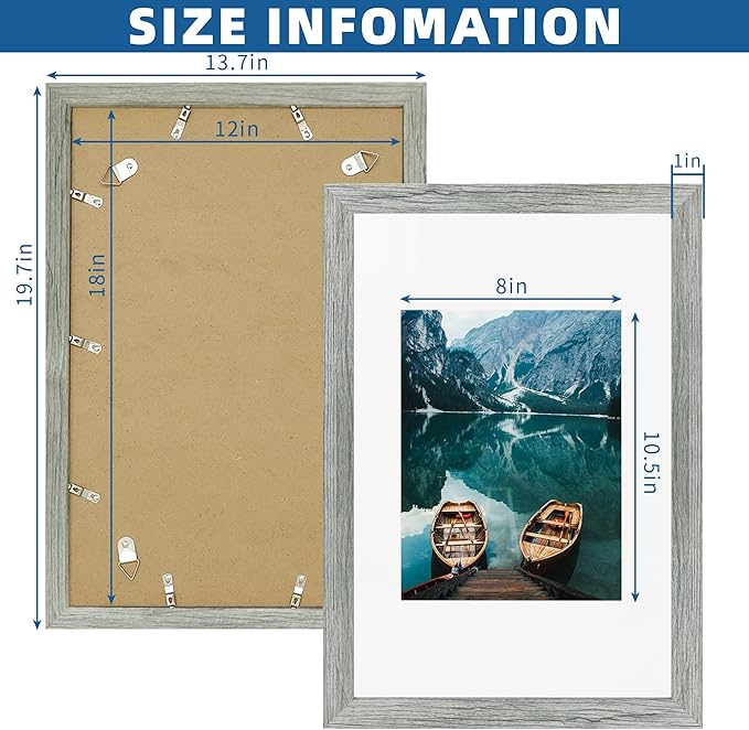 12x18 Frame Set of 2, Rustic Grey Wood Style, Display 12 x 18 Poster without Mat or 8.5x11 Picture with Mat, Wall Mounting Horizontal and Vertical
