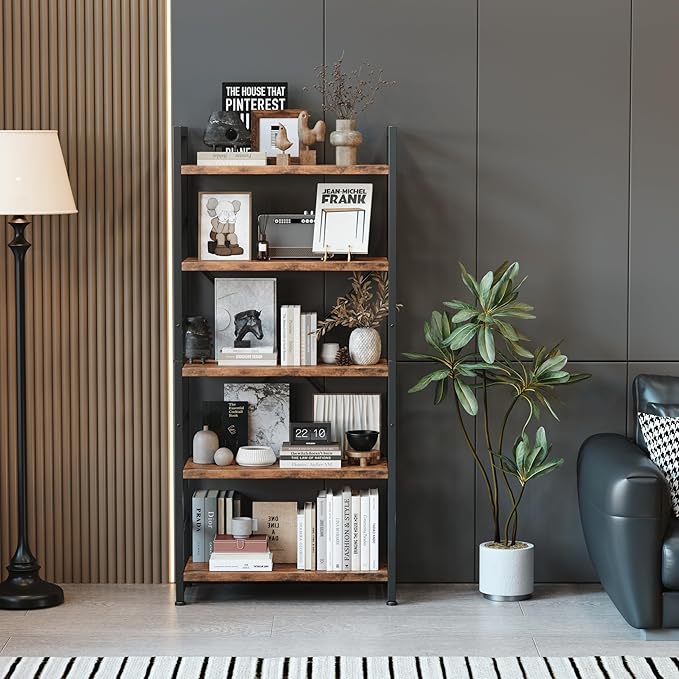 VERMESS 5 Tier Bookshelf, Tall Book Shelf, Vintage Industrial Bookcase with Open Display Shelves, Wood Storage Shelving Unit Metal Frame Standing Bookshelves for Bedroom/Home/Office, Rustic Brown