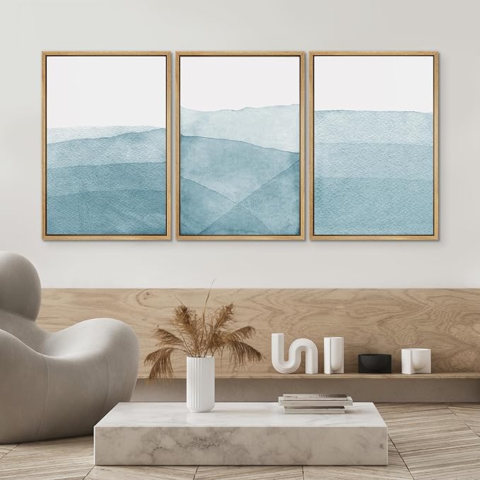 SIGNWIN 3 Piece Framed Canvas Wall Art Blue Wash Brushstroke Watercolor Nature Wilderness Illustrations Abstract Traditional Home Artwork Decoration for Living Room,Bedroom - 16"x24"x3 Natural