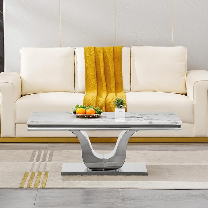 SSLine Rectangular Faux Marble Coffee Table for Living Room Modern Luxury White Marble Center Table with Silver Pedestal Base 46.8" Mid-Century Cocktail Table with Mirrored Stainless Steel Frame