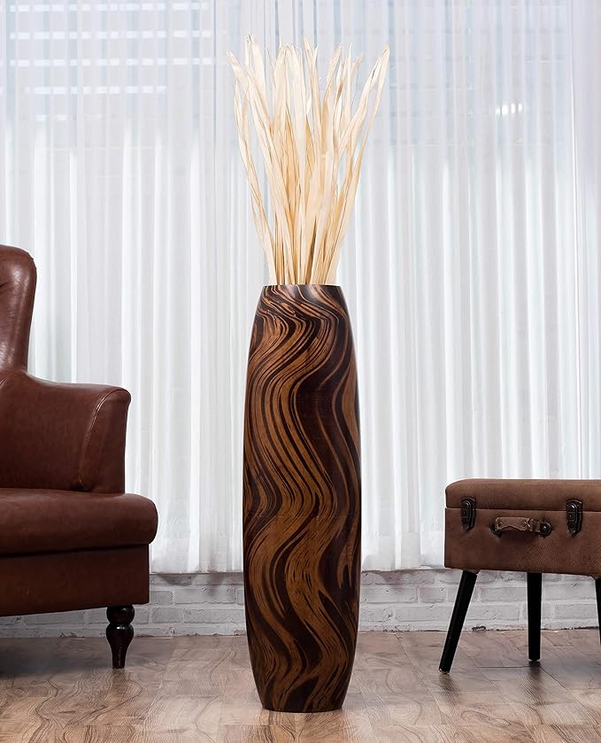 Leewadee Large Brown Light Brown Home Decor Floor Vase – Wooden 34 inches Tall Farmhouse Decor Flower Holder for Fake Plant and Pampas Grass