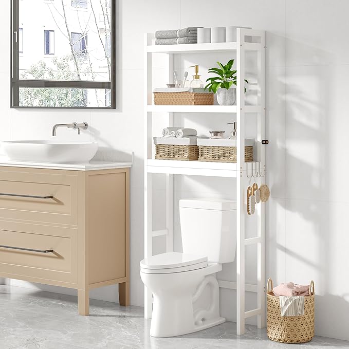 Smiry Over The Toilet Storage Cabinet, 3-Tier Bamboo Bathroom Organizers with Adjustable Shelf & 4 Hooks, Space Saving Shelf Rack for Bathrooms, Laundry Room, Balcony, White