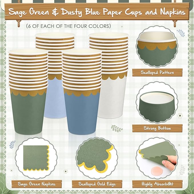 169 Pcs Blue and Sage Green Plates and Napkins Party Supplies for Guests Dusty Blue Tableware Include Scalloped Plates Paper Napkin Cup Spoon Fork Knife for Baby Shower, Wedding, Birthday