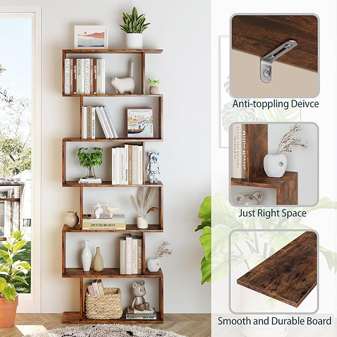 Yusong Geometric Bookcase, Bookshelf 6-Tier S Shaped Book Shelves for Bedroom, Modern Wood Decorative Display Shelf Tall Book Case for Home Office, Rustic Brown