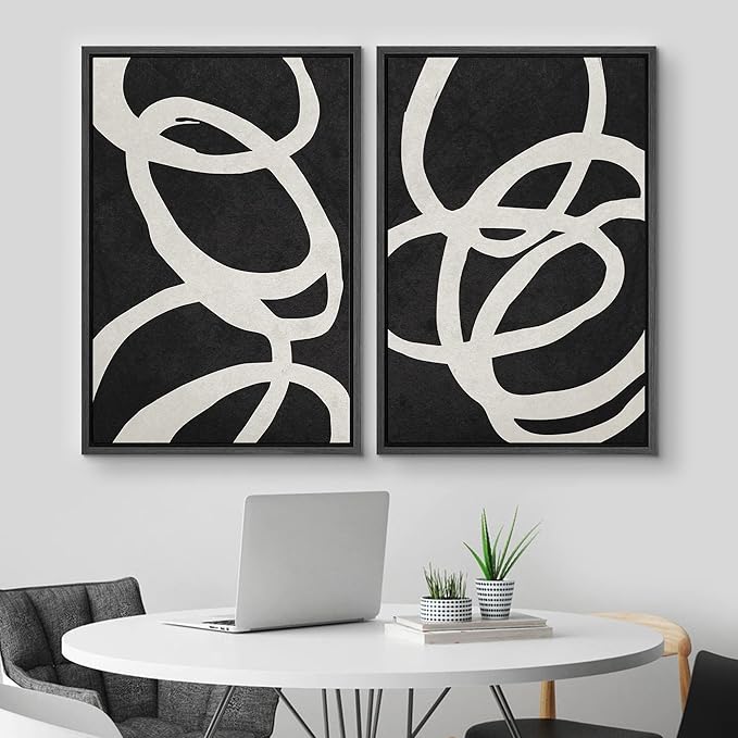 MUDECOR Framed Canvas Print Wall Art Set Black White Spiral Ring Circle Collage Abstract Shapes Illustrations Modern Art Decorative Contemporary for Living Room, Bedroom, Office - 24"x36"x2 Black