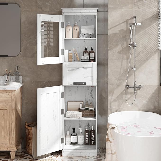 GarveeHome 70" Tall Bathroom Cabinet, Narrow Storage Cabinet with Doors and Adjustable Shelf, Freestanding Linen Slim Cabinet for Laundry Room, Kitchen, Small Space, Antique White
