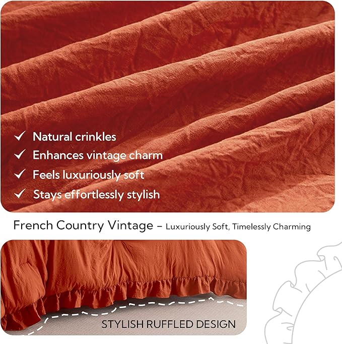 MR&HM Ruffle Comforter Set, Queen Bedding Set 7 Pieces Terracotta, Farmhouse Shabby Chic Bed Set, Boho Bed in a Bag with 1 Comforter, 1 Flat Sheet, 1 Fitted Sheet, 2 Pillowcases & 2 Pillow Shams