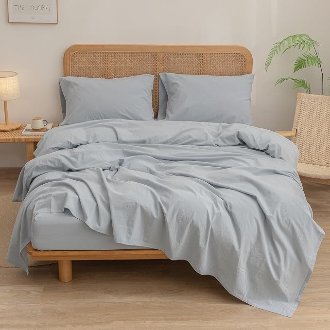 BESTOUCH Sheet Set 100% Washed Cotton Linen Feel Super Soft Comfortable Chic Lightweight 4 Pcs Home Bedding Set Solid Cornflower Blue Cal King