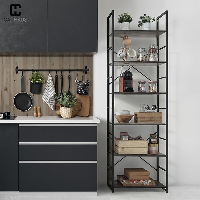 CAPHAUS 6 Tier Bookshelf, 24 Inch Width Free Standing Shelf, Bookcase Shelf Storage Organizer, Industrial Book Shelves for Home Office, Living Room, Kitchen, Dark Grey Vintage Shelves & Metal Frame