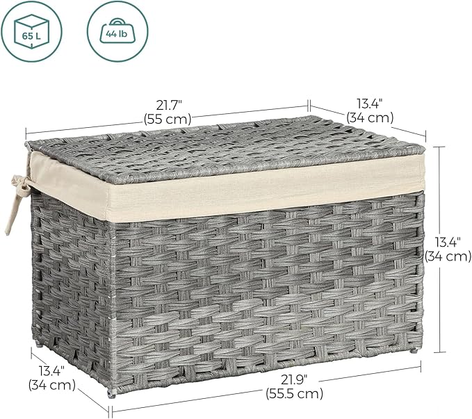 SONGMICS Storage Basket with Lid, 17.2 Gallon (65L) Storage Bin, Woven Blanket Storage Basket with Handles, Foldable, Removable Liner, Metal Frame, for Bedroom, Laundry Room, Gray URST56WG