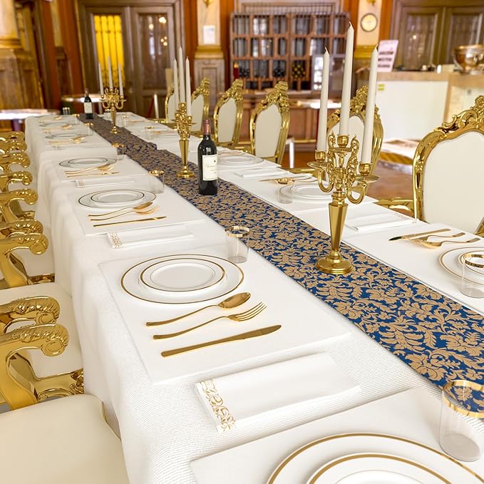 350 Pieces Gold Disposable Plates for 50 Guests, Disposable Plastic Plates for Party, Wedding, Dinnerware Set of 50 Dinner Plates, 50 Salad Plates,50 Cups and 50 Paper Napkins, Gold