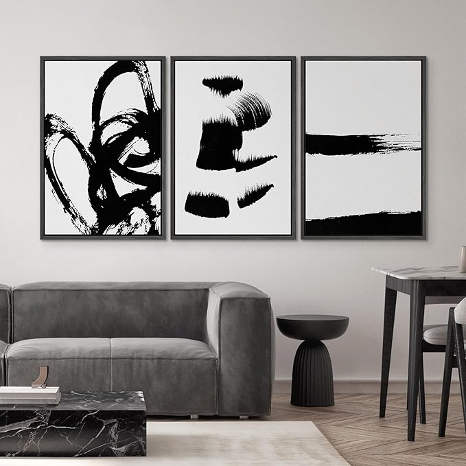 SIGNWIN Framed Wall Art Print Set Grunge Style Black & White Paint Strokes Abstract Shapes Illustrations Modern Art Bohemian Group Dramatic Grey for Living Room, Bedroom, Office - 24"x36"x3 Black