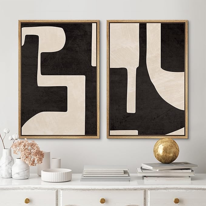 MUDECOR Framed Canvas Print Wall Art Black & White Geometric Paint Stroke Decor Abstract Nature Illustration Modern Art Decorative Multicolor Geometric Minimal for Bedroom - 16"x24"x2 Natural