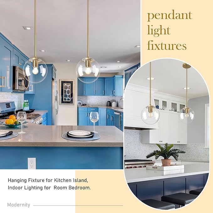 8" Globe Pendant Light Gold Mid Century Modern Light Fixture Clear Glass Pendant Lights Kitchen Island Modern Pendant Lights Brushed Brass Finished with Clear Glass Lampshade for Bedroom