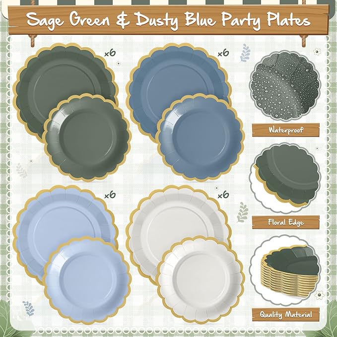 169 Pcs Blue and Sage Green Plates and Napkins Party Supplies for Guests Dusty Blue Tableware Include Scalloped Plates Paper Napkin Cup Spoon Fork Knife for Baby Shower, Wedding, Birthday