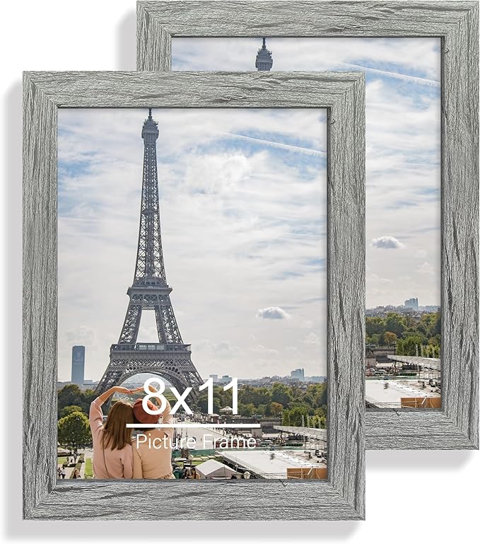 8x11 Picture Frame Set of 2, Made of Real Glass and Rustic Grey Wooden Frame - 8 by 11 Photo for Wall or Tabletop Display