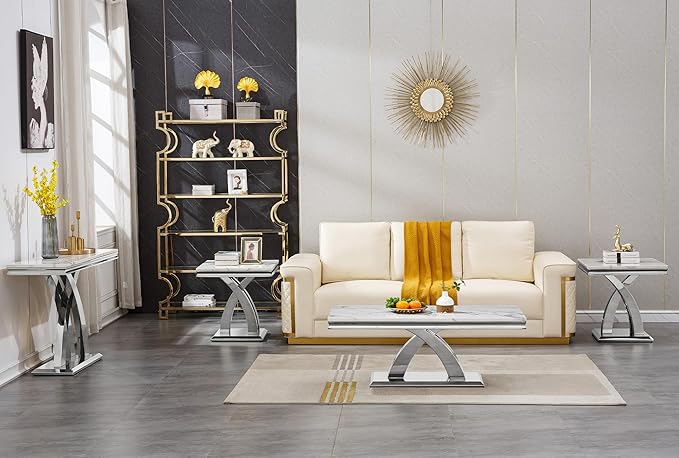Modern Marble End Table, White and Silver Side Table with X Stainless Steel Base, Luxury Faux Marble Top Accent Bed Side Table Sofa Table for Living Room, Bedroom