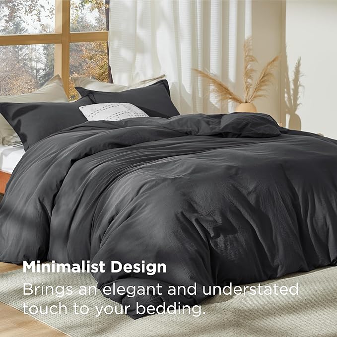 Bedsure 100% Stone Washed Cotton Duvet Cover King - Charcoal Minimalist Cotton Duvet Cover Linen Like for All Seasons - GentleSoft™ Plain Simple Bedding, 3 Pieces (Charcoal, King, 104"x90")