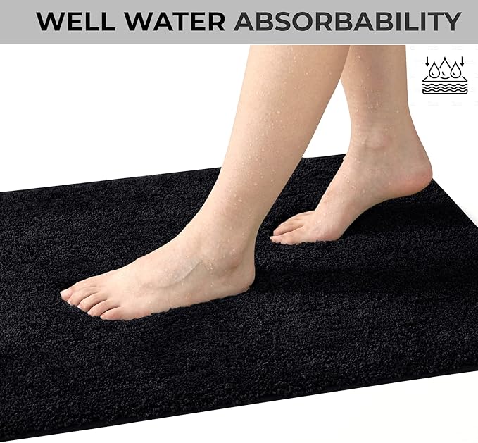 YHF Bathroom Rugs 17" X 24", Extra Thick & Soft Microfiber Shaggy, Machine Washable Bath Mats, Absorbent Bath Rugs, Non-Slip Rubber Backing Bath Mat for Bathroom Floor, Tub and Shower, Black