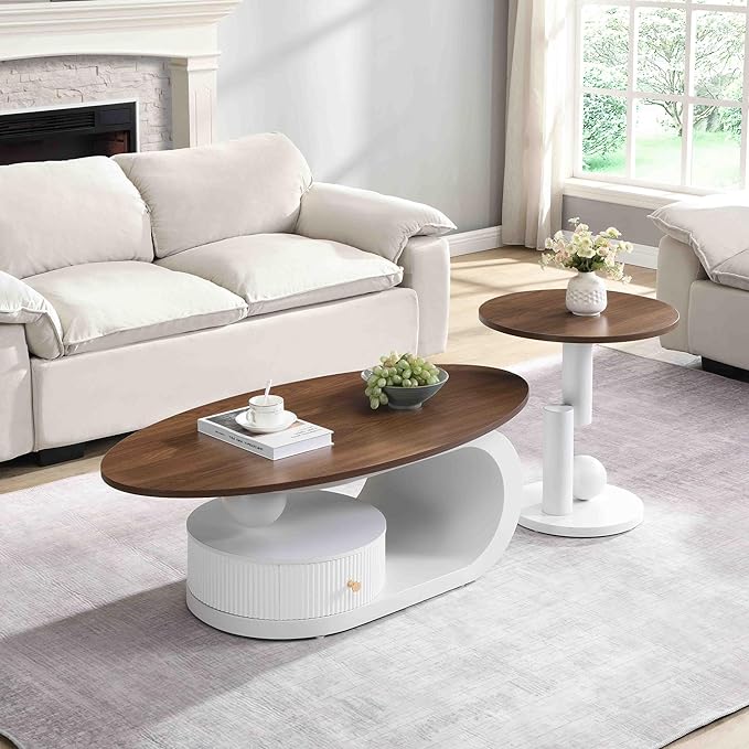 Marble Nesting Coffee Table Set of 2,Modern Oval Center Tea Table and Round Side Nightstand Set w/Drawer and Wood Tabletop and Metal Frame for Living Room Accent Furniture